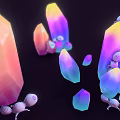 Vibrant Crystal Rocks And Wooden Elements With Tiny Pink Creatures In Dark Setting 3d model