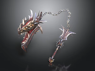 Mythical Dragon Head Chain Weapon With Spiked Hammer And Intricate Metal Design 3d model