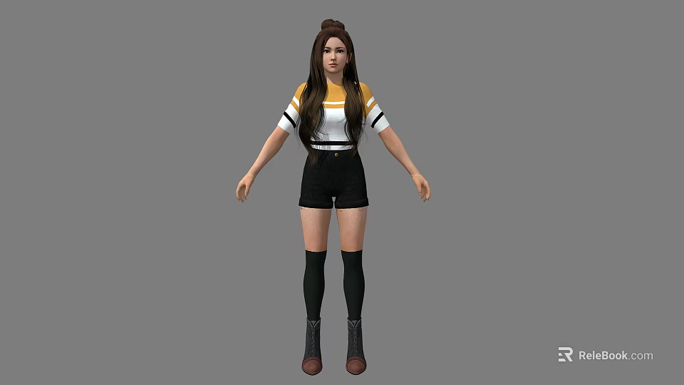 Young Woman With Long Brown Hair Wearing Striped Top Black Shorts And Brown Boots 3d model 