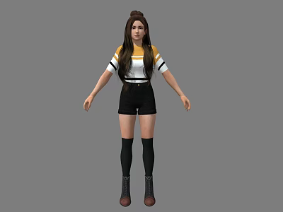 Young Woman With Long Brown Hair Wearing Striped Top Black Shorts And Brown Boots 3d model