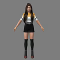 Young Woman With Long Brown Hair Wearing Striped Top Black Shorts And Brown Boots