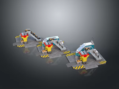 Scenic Port Landscape With Three Dock Structures Featuring Yellow Red Components And Gray Platforms 3d model