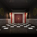 Traditional Chinese Entrance Featuring Red Door Golden Decor Lanterns Black Walls Yellow Patterns Checkered Floor
