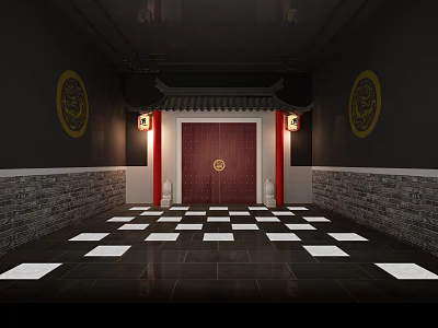 Traditional Chinese Entrance Featuring Red Door Golden Decor Lanterns Black Walls Yellow Patterns Checkered Floor 3d model