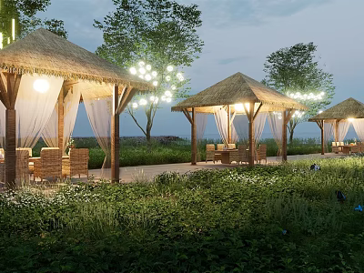 Outdoor Pergola with Thatched Roof Lighting and Seating Surrounded by Trees and Greenery 3d model