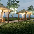 Outdoor Pergola with Thatched Roof Lighting and Seating Surrounded by Trees and Greenery