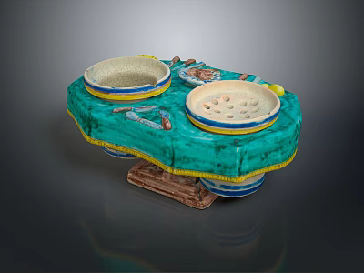 Colorful Ceramic Dining Table With Turquoise Top Yellow Trim And Decorative Bowls 3d model
