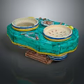 Colorful Ceramic Dining Table With Turquoise Top Yellow Trim And Decorative Bowls