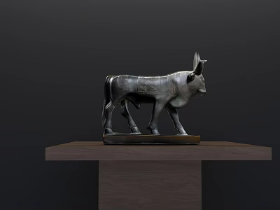 Artistic Detailed Bronze Bull Sculpture Carving With Intricate Design On Wooden Stand 3d model