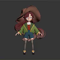 3D Cartoon Character With Long Red Hair Large Hat Green Yellow Coat And Blue Shorts