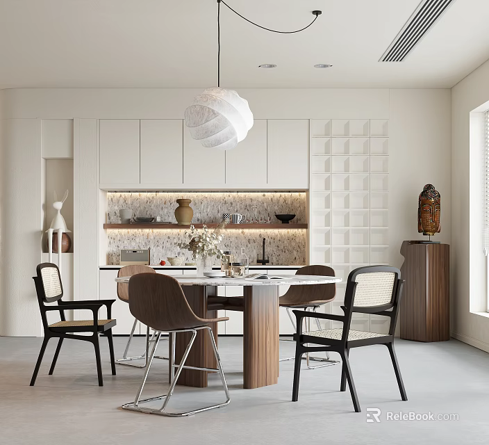Modern Dining Room Interior With Round Table Hanging Light White Cabinets And Grid Wall Decor 3d model