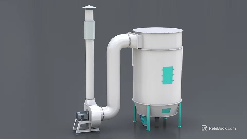 Industrial Drying Equipment Cylindrical Body With Connected Pipe Green Support Legs And Motor Component 3d model 