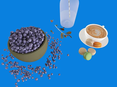 Fresh Blueberries in a Bowl with Scattered Berries Latte Coffee and Macarons on Blue Background 3d model
