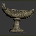 Ancient Intricate Golden Sculpted Container With Pedestal Base And Lion Head Decorations