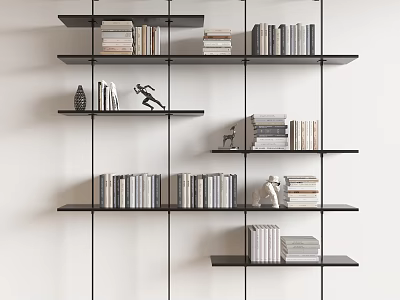 Modern Black Shelving Unit With Stacked Books And Decorative Figurines 3d model