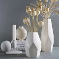 Elegant Decorative Ornament Set With White Vases Dried Flowers And Candles