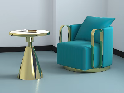 Modern Turquoise Single Sofa With Golden Armrests And Golden Round Side Table With Decorative Items 3d model