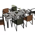 Modern Dining Table Set With Six Chairs Tableware Vase And Green Plant 3d model