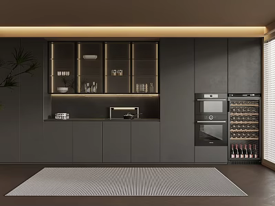 Dark Modern Kitchen Interior With Glass Fronted Cabinets Wine Cooler And Striped Rug 3d model
