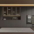 Dark Modern Kitchen Interior With Glass Fronted Cabinets Wine Cooler And Striped Rug