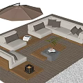 Stylish Outdoor Sofa on Wooden Deck with Umbrella Coffee Table and Soft Cushions