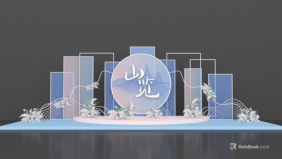 Chinese Style Decorative Scene with Mountain View Circular Sign Geometric Structures and Floral Decorations 3d model 