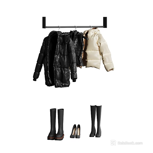 Stylish Winter Clothes Including Black And Beige Puffer Jackets With Knee High Boots And Heels 3d model 