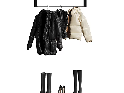 Stylish Winter Clothes Including Black And Beige Puffer Jackets With Knee High Boots And Heels 3d model
