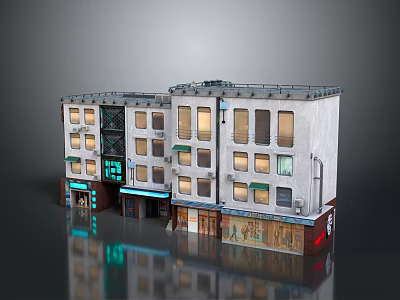 Cartoon Scene Of Multi Story Building With White Exterior Windows Ground Floor Shops And Neon Lights 3d model