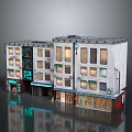 Cartoon Scene Of Multi Story Building With White Exterior Windows Ground Floor Shops And Neon Lights