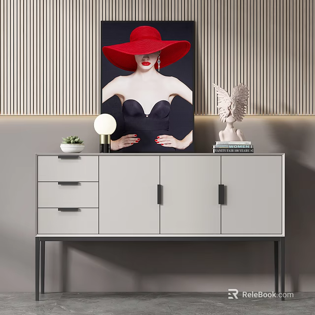 Modern Entryway Console Table with Red Hat Portrait Lamp Plant Angel Sculpture and Books 3d model 