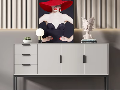 Modern Entryway Console Table with Red Hat Portrait Lamp Plant Angel Sculpture and Books 3d model