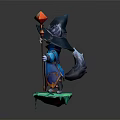 Fantasy Cat Wizard Creature In Blue Robe Holding Magic Staff On Green Base