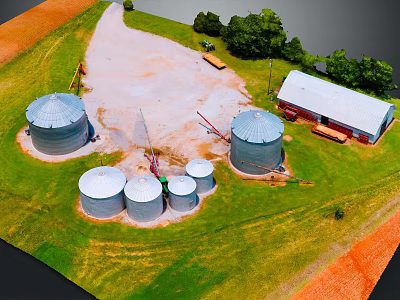 Aerial View Of Rural Farm With Multiple Silos Red Barn Green Grass And Trees 3d model