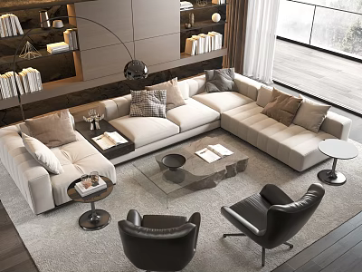Modern Living Room With Beige Sectional Sofa Glass Coffee Table Black Armchairs And Pillows 3d model