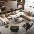 Modern Living Room With Beige Sectional Sofa Glass Coffee Table Black Armchairs And Pillows
