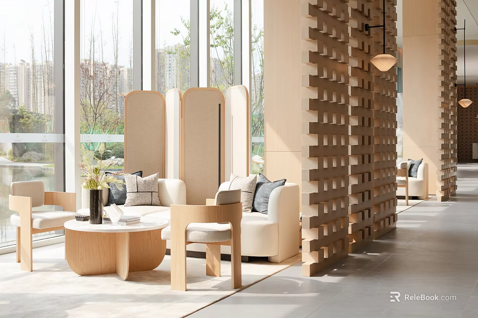 Modern Lounge Area With Wooden Partition Sofa Coffee Table And Natural Light 3d model 