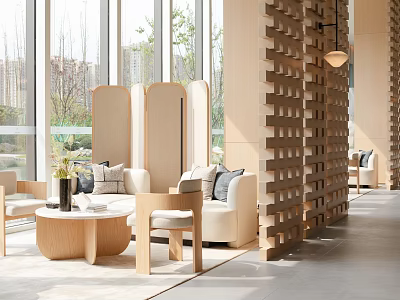 Modern Lounge Area With Wooden Partition Sofa Coffee Table And Natural Light 3d model