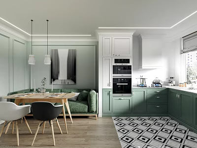 Light Green And White Kitchen With Wooden Dining Table Green Sofa And Geometric Floor Tiles 3d model