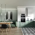 Light Green And White Kitchen With Wooden Dining Table Green Sofa And Geometric Floor Tiles
