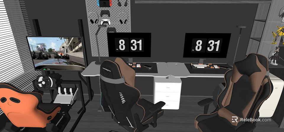 Modern Gaming Cafe Interior With Multiple Monitors Gaming Chairs Digital Clocks And Workstations 3d model