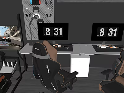 Modern Gaming Cafe Interior With Multiple Monitors Gaming Chairs Digital Clocks And Workstations 3d model