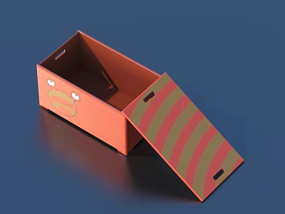 Portable Orange Storage Box with Red Green Striped Open Lid and Handle Holes 3d model