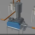 Industrial Processing Equipment With Blue Main Unit Orange Pipes And White Conical Tanks