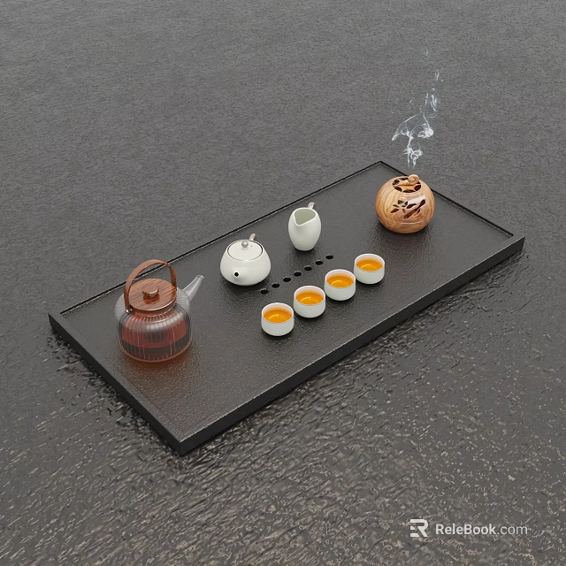 Traditional Tea Set with Brown Teapot Small Yellow Cups and Smoking Stove on Black Tray 3d model 