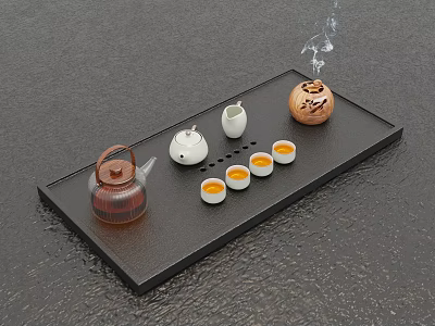 Traditional Tea Set with Brown Teapot Small Yellow Cups and Smoking Stove on Black Tray 3d model