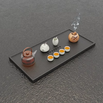 Traditional Tea Set with Brown Teapot Small Yellow Cups and Smoking Stove on Black Tray 3d model