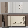 Elegant Background Wall Design With Wooden Panels Stone Texture And Landscape Art Decor