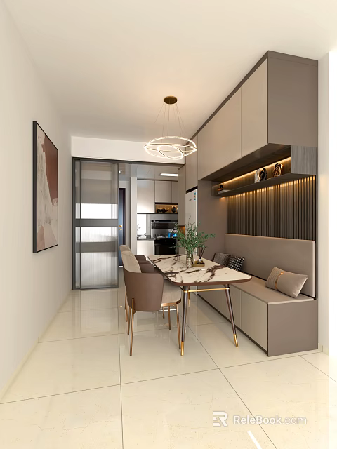 Modern Restaurant Interior With Chandelier Marble Dining Table Banquette Sofa Decorative Painting And Glass Partition 3d model 