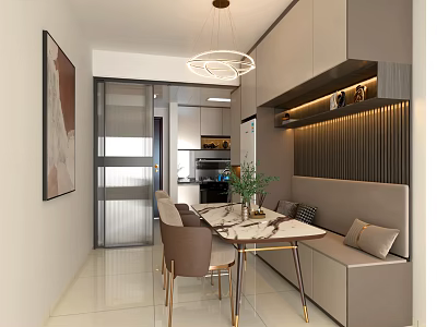 Modern Restaurant Interior With Chandelier Marble Dining Table Banquette Sofa Decorative Painting And Glass Partition 3d model
